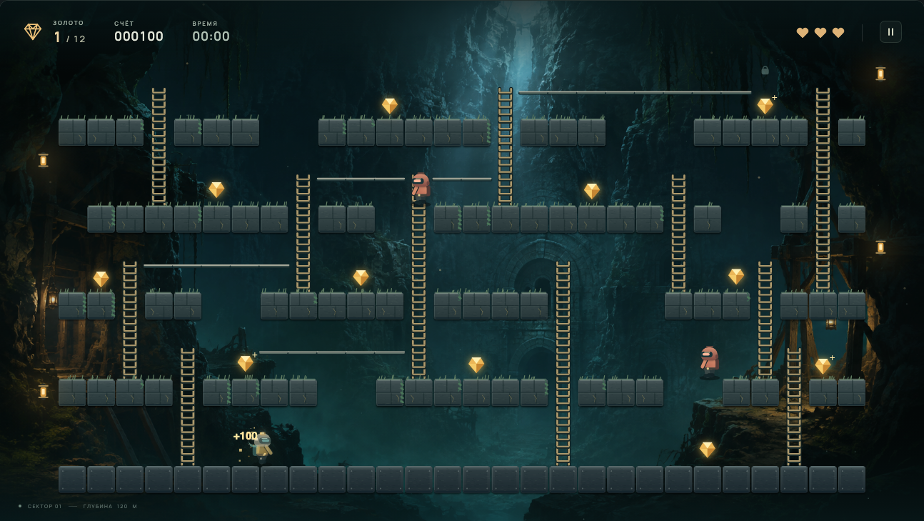 Игровой кадр Lode Runner: золотые кристаллы, стражи и лестницы в подземной шахте